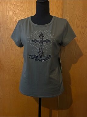 Fearless Embellished Cross Short-Sleeve Top - Olive